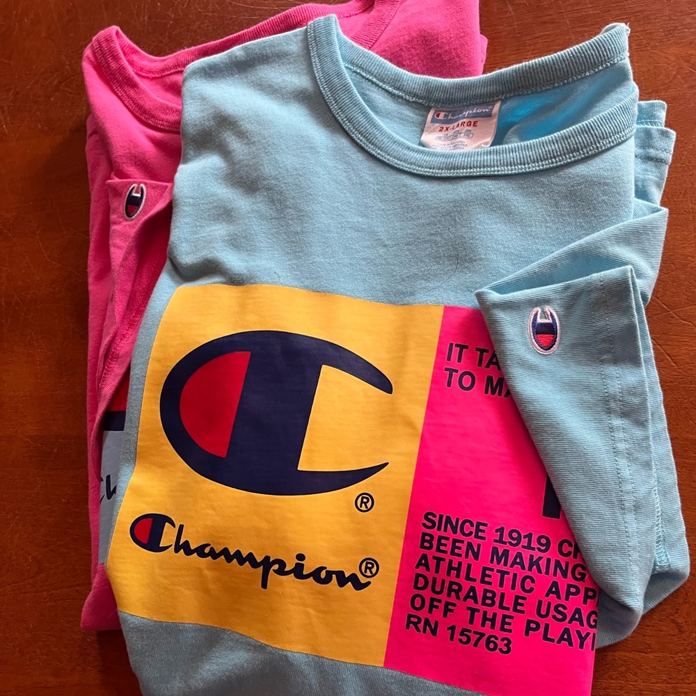 BRAND NEW..2 AUTHENTIC CHAMPION TSHIRTS Men / Womens size 2X.  Aqua Pink